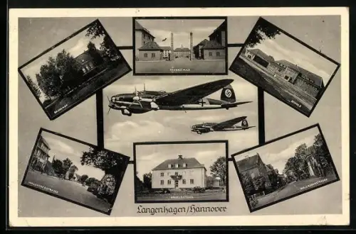AK Langenhagen /Hannover, Fliegerhorst, Bahnhof, Kriegsschule, Schule, Walsroderstrasse, Flugzeug mit 