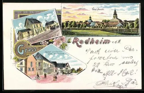Lithographie Rodheim v. d. H., Gasthof zum Taunus, Bes. Georg Rullmann, Bahnhof und Totalansicht