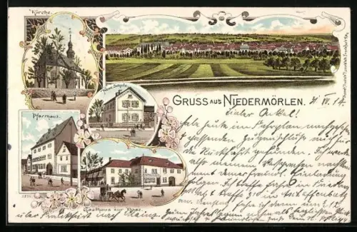 Lithographie Niedermörlen, Gasthaus zur Rose, Neue Schule Kirche und Pfarrhaus