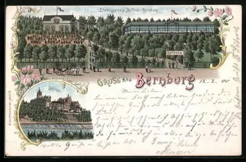 Lithographie Bernburg, Gasthaus Bel`vue und Schloss
