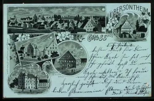 Mondschein-Lithographie Obersontheim, Gasthaus zum Adler, Schubart`s Geburtshaus, Schloss, Totalansicht