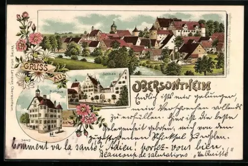 Lithographie Obersontheim, Schloss, Rathaus und Teilansicht
