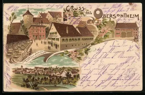 Lithographie Obersontheim, Gasthaus und Brauerei zum Ochsen, Bes. Friedr. Reinhardt, Totalansicht