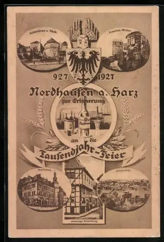AK Nordhausen a. Harz, Erinnerung an Tausendjahr-Feier, Judentürme und Schule, Primarius-Graben u. a. Ansichten