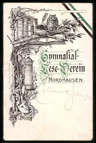 Lithographie Nordhausen, Gymnasial-Lese-Verein, Eule, Bücher, Kanne und Theatermaske