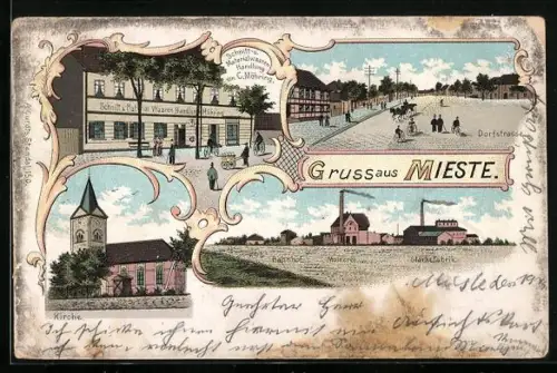 Lithographie Mieste, Handlung von C. Möhring, Molkerei, Bahnhofm Stärkefabrik, Dorfstrasse