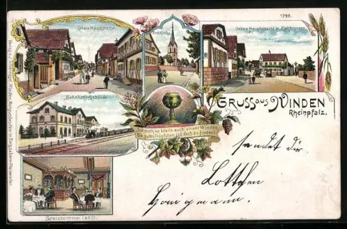 Lithographie Winden / Pfalz, Bahnhof, Obere und Untere Hauptstrasse m. Ziehbrunnen, Prot. Kirche