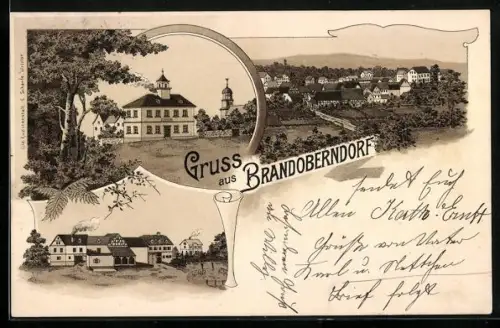 Lithographie Brandoberndorf, Totalansicht, Kirche, Ortspartie mit Kinderspielplatz