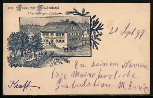 Lithographie Reichenbach /Albtal, Gasthaus z. goldenen Krone