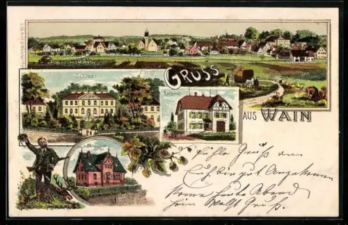 Lithographie Wain, Forsthaus, Schloss, Rathaus