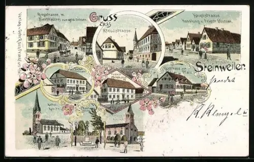 Lithographie Steinweiler, Kreuzstrasse, Gasthaus zur Pfalz, Ringstrasse m. Bierbrauerei z. goldenen Ochsen