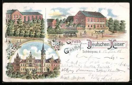 Lithographie Schkopau, Gasthof zum Deutschen Kaiser, Schloss, Strassenbahn