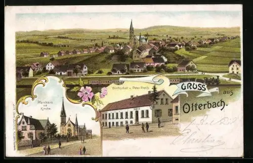 Lithographie Otterbach / Pfalz, Gasthof v. Peter Preiss, Pfarrhaus u. Kirche