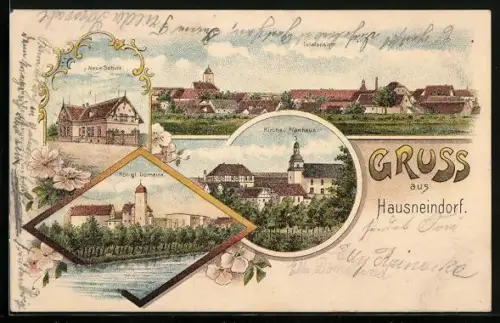 Lithographie Hausneindorf, Kirche und Pfarrhaus, Neue Schule, Königl. Domaine