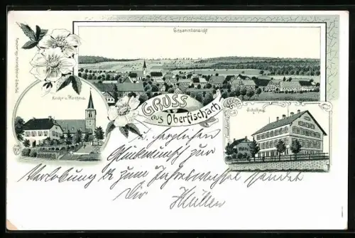 Lithographie Oberfischach, Kirche, Pfarrhaus und Schulhaus