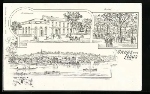 Lithographie Lebus, Gasthof Schützenhaus von Wilhelm Fröhlich, Flusspartie mit Blick auf den Ort