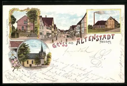 Lithographie Altenstadt / Hessen, Molkerei, Ansicht der Kirche, Strassenpartie