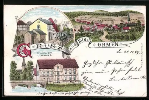 Lithographie Niederohmen, Gasthaus zur Bahn von L. Langohr II, Dampflok im Ort