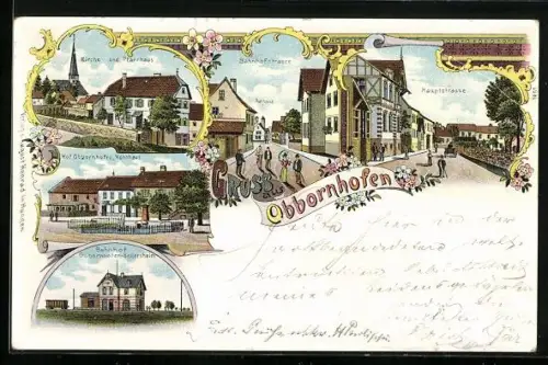 Lithographie Obbornhofen, Bahnhof, Bahnhofstrasse mit Rathaus, Hauptstrasse, Kirche