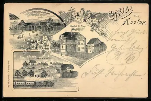 Lithographie Asslar, Gasthof H. Zipp, Station Asslar, Gartenwirthschaft
