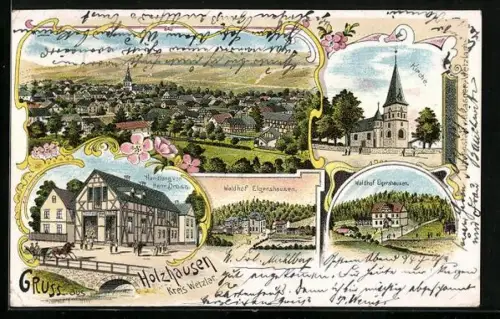 Lithographie Holzhausen /Wetzlar, Handlung v. Heinrich Dross, Waldhof Elgershausen, Kirche