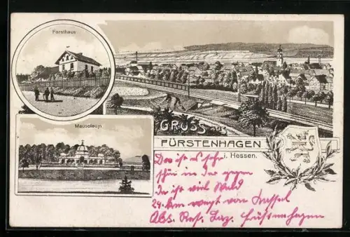 Künstler-AK Fürstenhagen / Hessen, Forsthaus, Mausoleum, Bahngleise am Ort