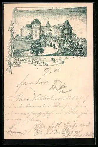 Lithographie Breitenbach /Herzberg, Burg Herzberg mit Brücke