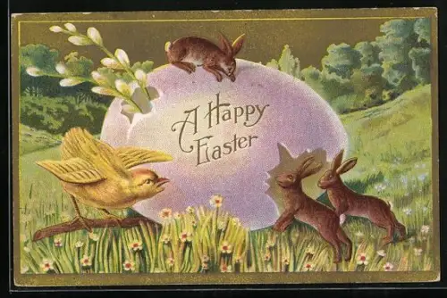 AK Osterhasen und Osterküken auf einer Wiese mit riesigem Osterei