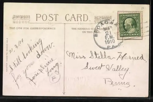 AK Osterhasen und Osterküken auf einer Wiese mit riesigem Osterei