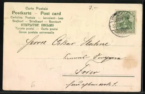 Präge-AK Neujahrsgruss, Junge und Mädchen mit Trompete und Kuchen