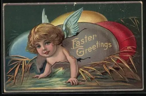 Präge-AK Easter Greetings, Osterengel schlüpft aus buntem Ei