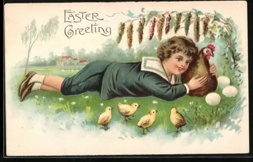 Präge-AK Junge mit Osterküken auf der Wiese, Easter Greeting