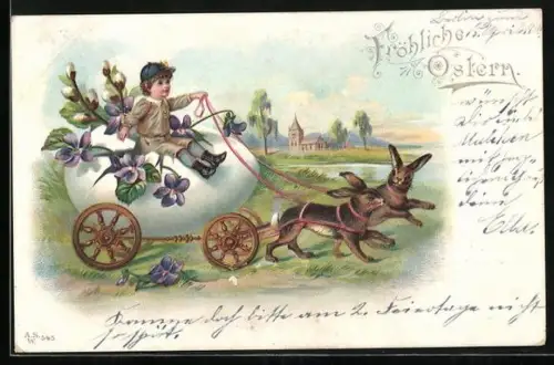 AK Osterhasen ziehen eine Eierkutsche