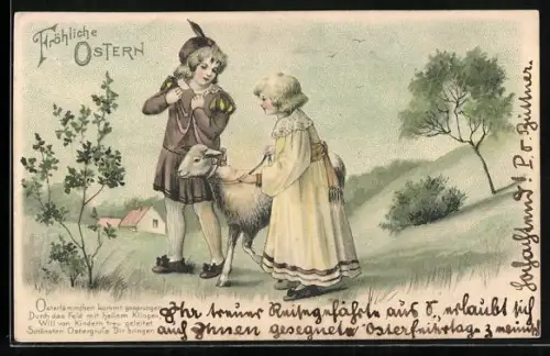 Präge-AK Fröhliche Ostern, Zwei Kinder mit Osterlamm im Grünen