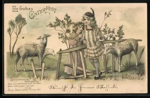 Präge-AK Kinder mit Lämmchen auf einer Wiese, Ein frohes Osterfest