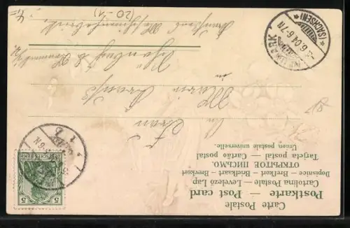 Präge-AK Mädchen mit einem Korb voller Veilchen, Geburtstagsgruss