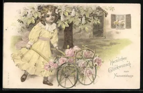 Präge-AK Glückwunsch zum Namenstag, Gratulantin mit Rosen auf einer Schubkarre