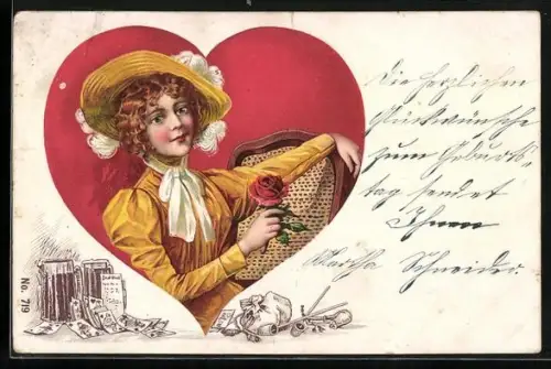AK Damenporträt gerahmt von einem roten Herz
