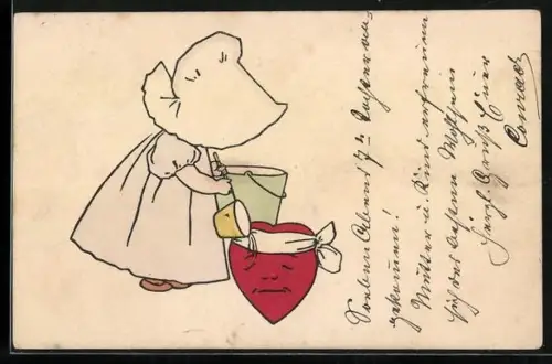 AK Mädchen verarztet ein rotes Herz