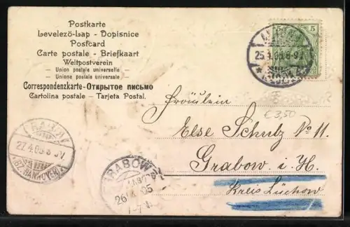 Präge-AK Dame mit Brief vor einem riesigen Kleeblatt