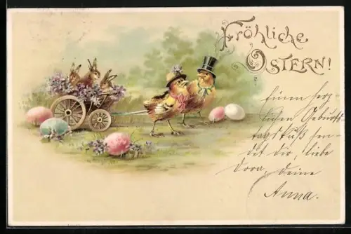 AK Osterkükenpaar zieht einen Wagen mit Osterhasen