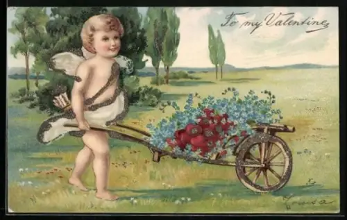 Präge-AK Amor mit Schubkarre voller Herzen