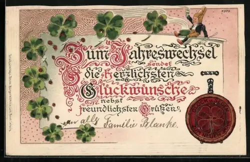 Präge-AK Zwerg sitzt auf einer Urkunde mit Siegel, Neujahrsgruss, Kleeblätter