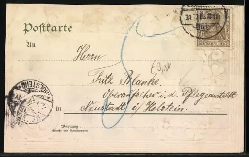 Präge-AK Zwerg sitzt auf einer Urkunde mit Siegel, Neujahrsgruss, Kleeblätter