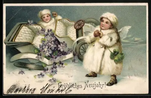 Präge-AK Engelchen in Wintermänteln hatten einen Autounfall