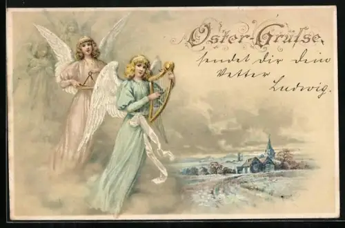 AK Osterengel mit Instrumenten und Dorf-Idyll