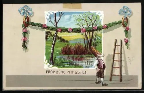 AK Zwerg hängt eine Girlande auf, Frühlingslandschaft und Pfingstgruss