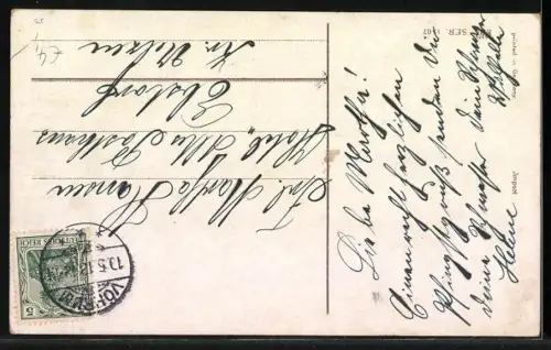 AK Zwerg hängt eine Girlande auf, Frühlingslandschaft und Pfingstgruss