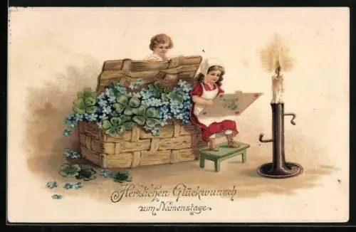 Präge-AK Namenstag, Zwei Kinder mit einer Kiste voller Kleeblätter und Vergissmeinnicht