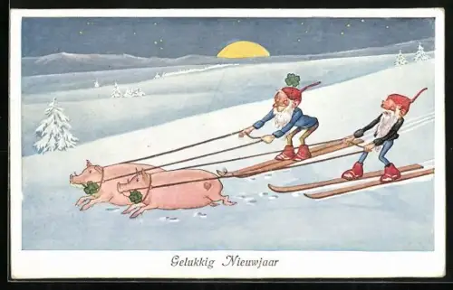 AK Zwerge auf Ski lassen sich von Schweinen ziehen, Gelukkig Nieuwjaar